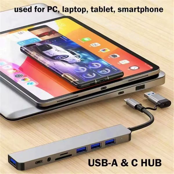 USB-хаб 8 в 1 (4&times;USB, Type-C, SD/TF, AUX, вбудована звукова карта), головне фото