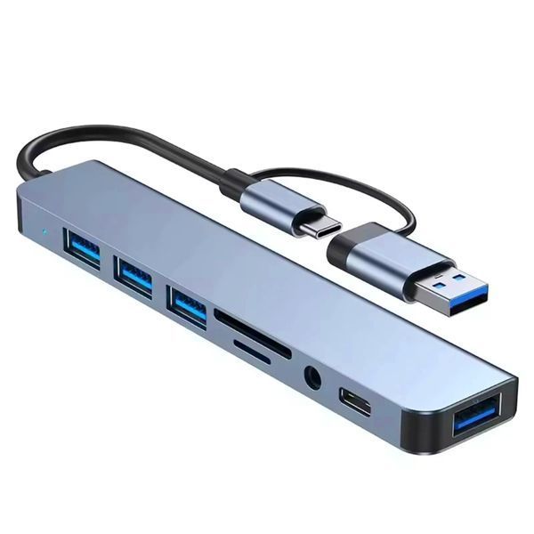 USB-хаб 8 в 1 (4&times;USB, Type-C, SD/TF, AUX, вбудована звукова карта), головне фото