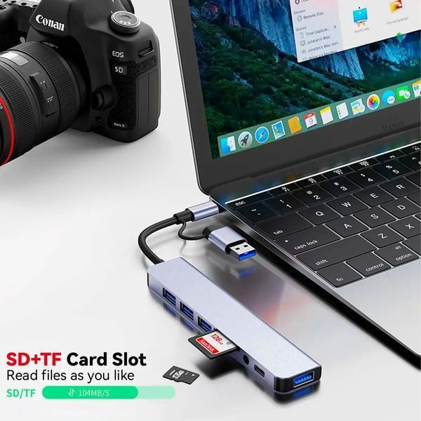 USB-хаб 8 в 1 (4&times;USB, Type-C, SD/TF, AUX, вбудована звукова карта), головне фото