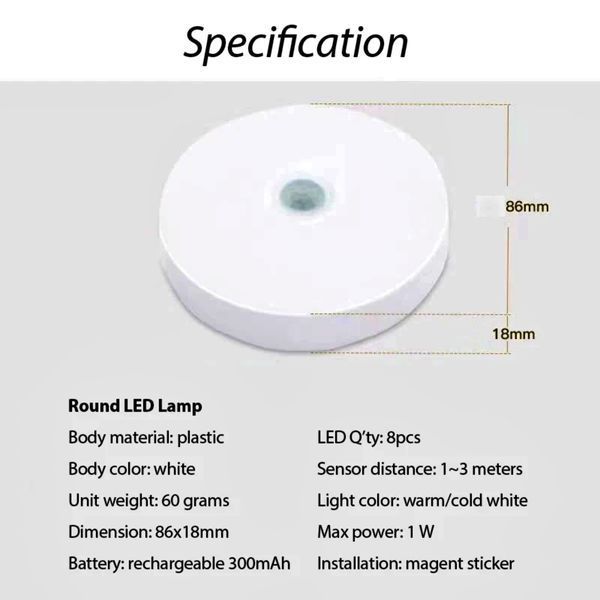 Бездротовий LED нічник / настінний світильник з датчиком руху (акумуляторний, різні режими), головне фото