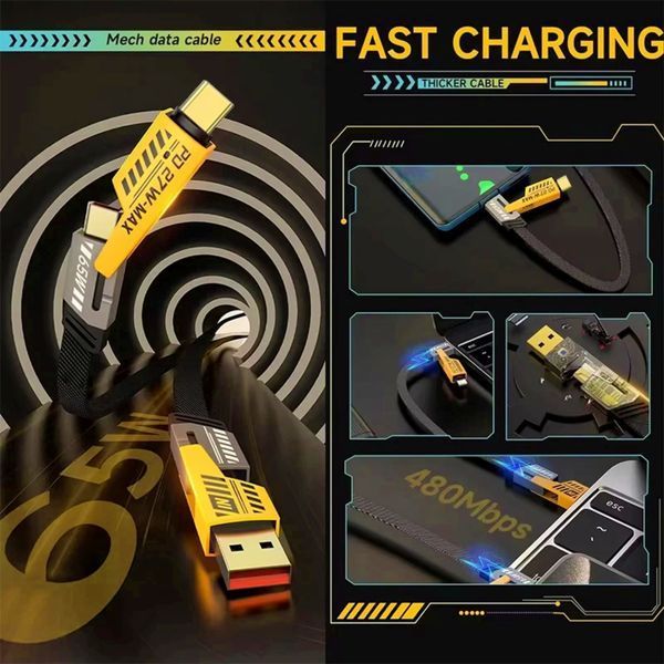 Зарядний кабель 4-в-1 PD 65W (1.5 м, USB/Type-C &rarr; Type-C/Lightning), нейлонова оплітка, головне фото