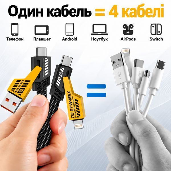 Зарядний кабель 4-в-1 PD 65W (1м, USB/Type-C &rarr; Type-C/Lightning), нейлонова оплітка, головне фото