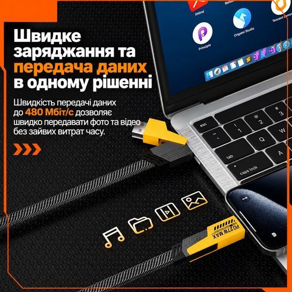 Зарядний кабель 4-в-1 PD 65W (1м, USB/Type-C &rarr; Type-C/Lightning), нейлонова оплітка, головне фото