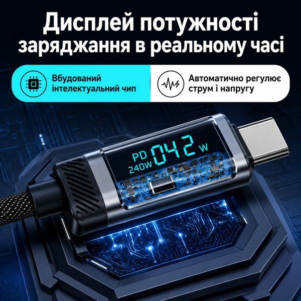 Alerion USB-C &mdash; USB-C кабель 240W з LED-дисплеєм 1м (PD 3.1, 5A), головне фото