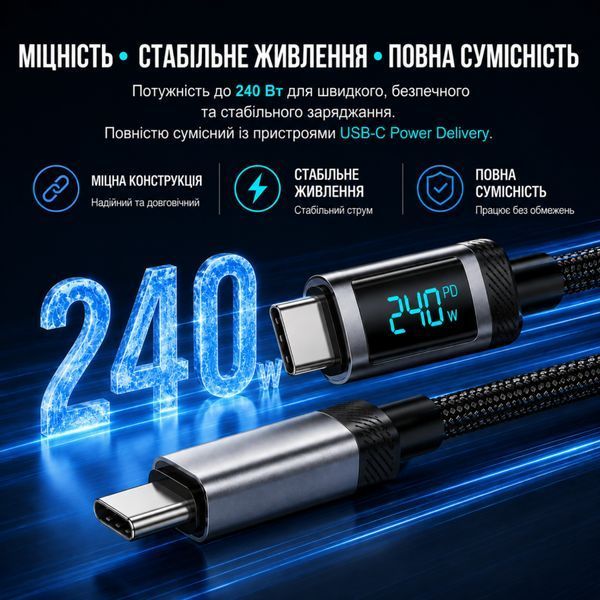 Alerion USB-C &mdash; USB-C кабель 240W з LED-дисплеєм 1м (PD 3.1, 5A), головне фото