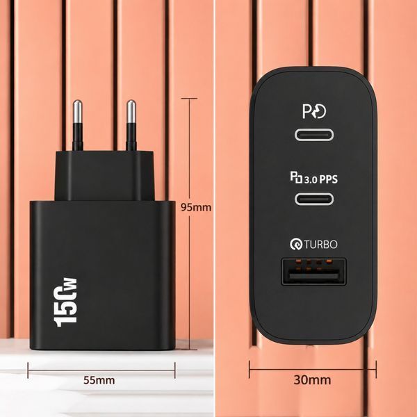 Alerion GaN зарядний пристрій 150W PD 2xUSB Type-C + USB-A з кабелем Type-C, головне фото